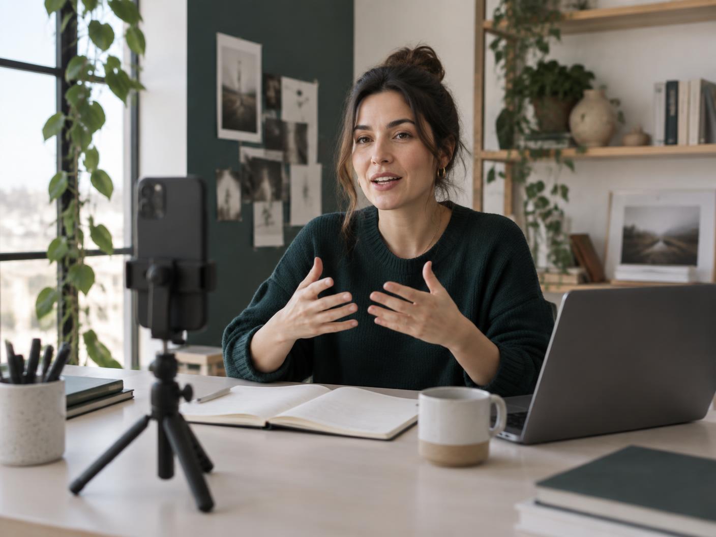A creator recording a business video at her desk